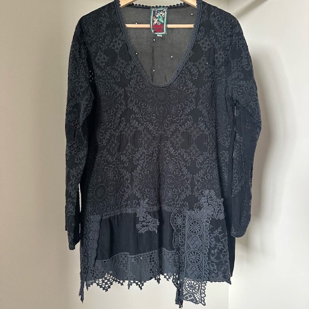 Johnny Was Long Sleeve Embroidered Black Lace Tunic size xsmall Cupra rayon‎